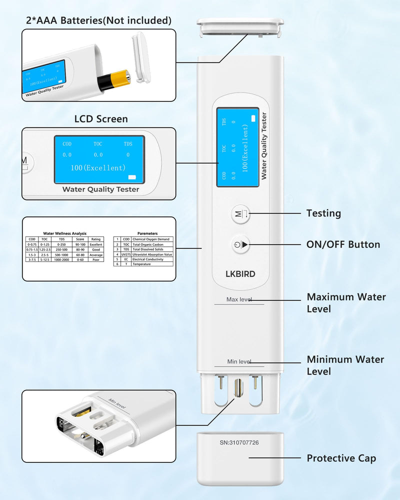 6-in-1 Smart Water Tester for Drinking Water with APP Monitoring, Digital Water Testing Kit for TDS Meter, EC, Temp, TOC, COD, UV275, Professional Water Tester for Home, Well, Tap & Outdoor. 6in1 water tester
