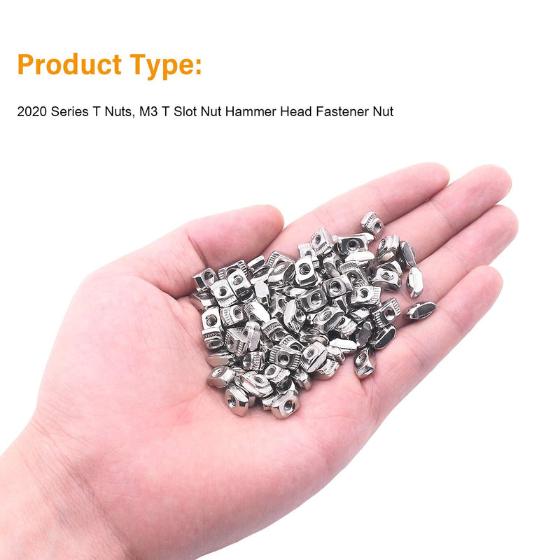[Australia - AusPower] - 100 Pieces 2020 Series T Nuts, M3 T Slot Nut Hammer Head Fastener Nut, Nickel Plated Carbon Steel for Aluminum Profile 