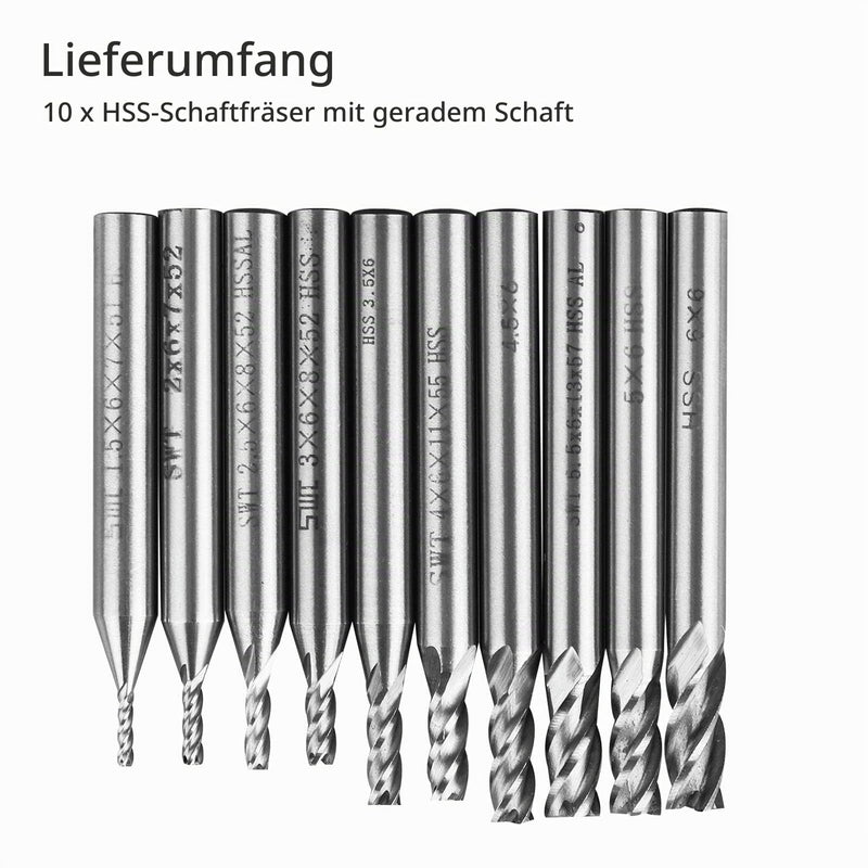Linkstyle 10 Pieces HSS End Mill, 4 Flute Carbide CNC Groove Cutter Metal Cutter Drill Bit Set, 1.5-6 mm Straight Shank Drill Bits Tool Set for Wood, Aluminum, Steel, Titanium, Wood 10 pieces.