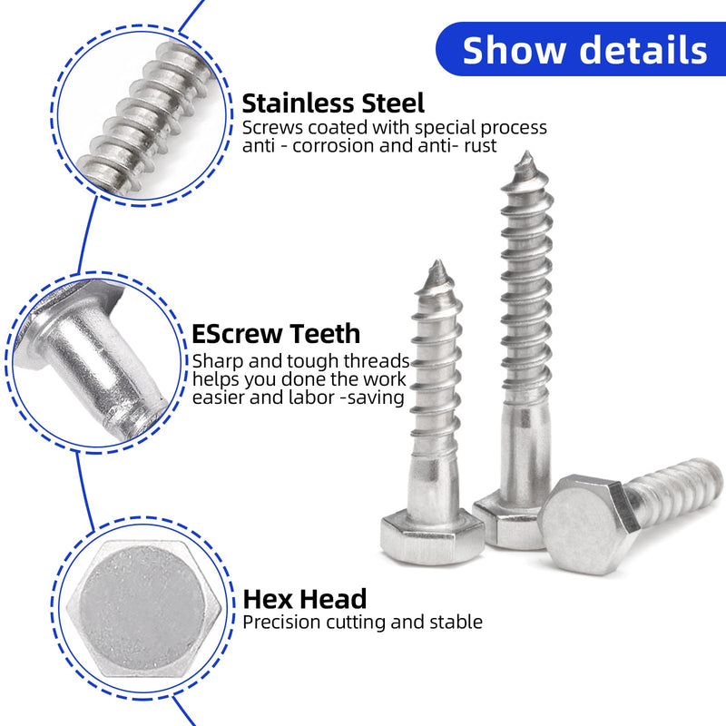 [Australia - AusPower] - 1/2 X 6" Hex Head Lag Screws Bolts, 304 Stainless Steel 18-8, Hexagon Head Wood Screws Hex Lag Screws, Pack of 1 1/2 X 6" 