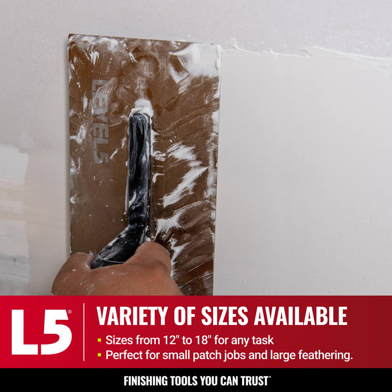 LEVEL5 14" x 4.75" 0.7 MM Drywall Curved Trowel | Triple-Hardened Stainless Steel, High-Impact Handle | Sheetrock Gyprock Wall-Board Plasterboard | 4-972 14"