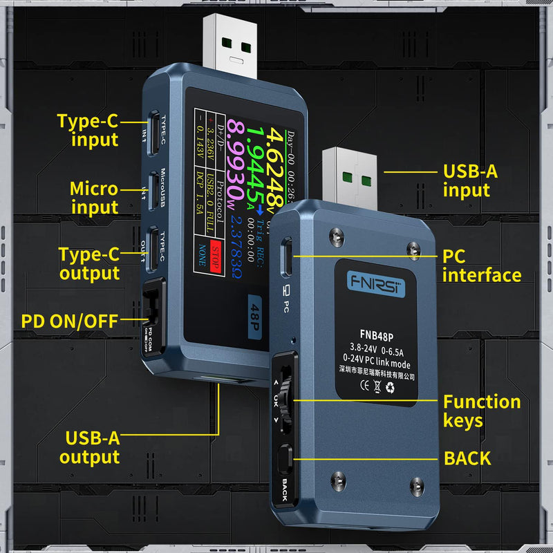 [Australia - AusPower] - FNIRSI USB Tester 4-24V 6.5A LCD USB A&C Voltage Current Power Display Multimeter with App Software, Fast Charge Detection Trigger, PD2.0/PD3.0,QC2.0/QC3.0, CNC Metal Shell 