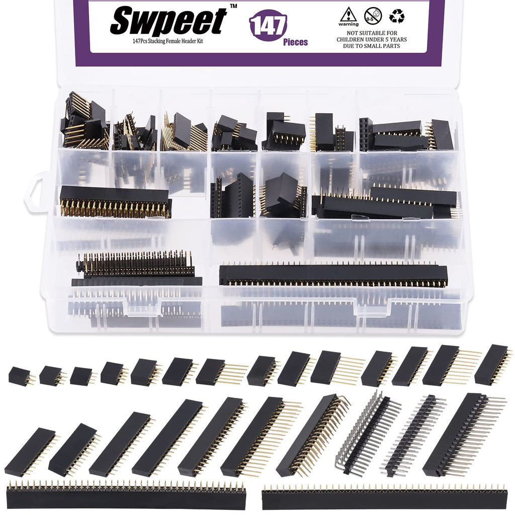 Swpeet 147Pcs 5 Types 2.54mm Female Pin Header Socket Connector Strip Assortment Kit, Long and Short Needle Female Pin Header Socket Curve Straight Pin Header Stacking Headers Pins Compatible