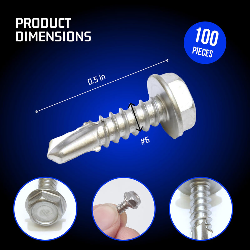 [Australia - AusPower] - Bolt Dropper No. 6 x 1/2" Stainless Hex Washer Head Self Drilling Screws - 100 pc - 410 Stainless Steel Self Tapping TEK Screws, No. 2 Point, Plain Finish by Bolt Dropper #6 x 1/2"(100 pcs) 1/2 Inch 