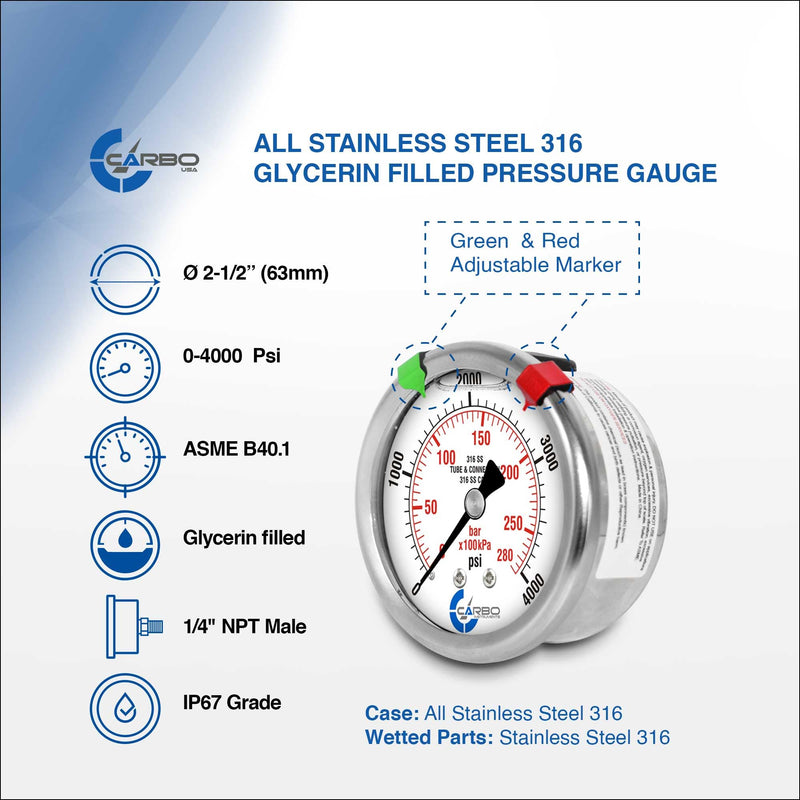 [Australia - AusPower] - 2 1-2" Pressure Gauge, All Stainless Steel Wetted Parts, Case, Connection, Liquid Filled, 0-4000 psi/kPa, Back Mount 1/4" NPT 