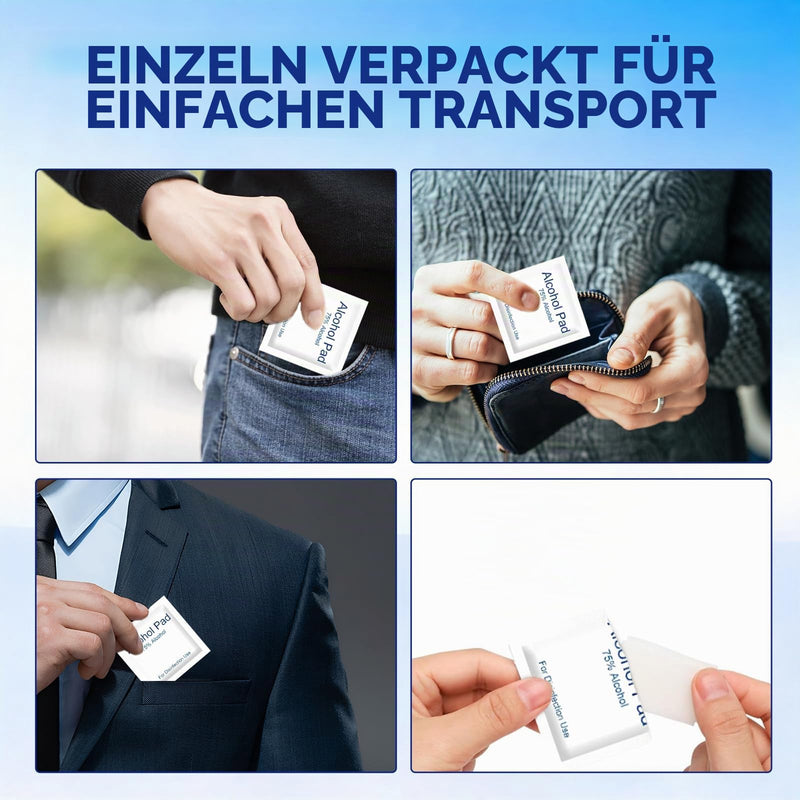Pack of 200 Alcohol Pads, 75% Alcohol Wipes, 6 x 6 cm Alcohol Swabs, Individually Packed For Hygienic Reasons, Suitable for Business Trips, Travel and Daily Use