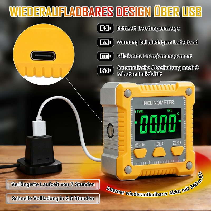 Digital Laser Protractor with Inclinometer Laser Level | 4-Sided Magnetic Adhesion, Dustproof, High Precision & Robust - for Construction, Crafts & Industry - Yellow