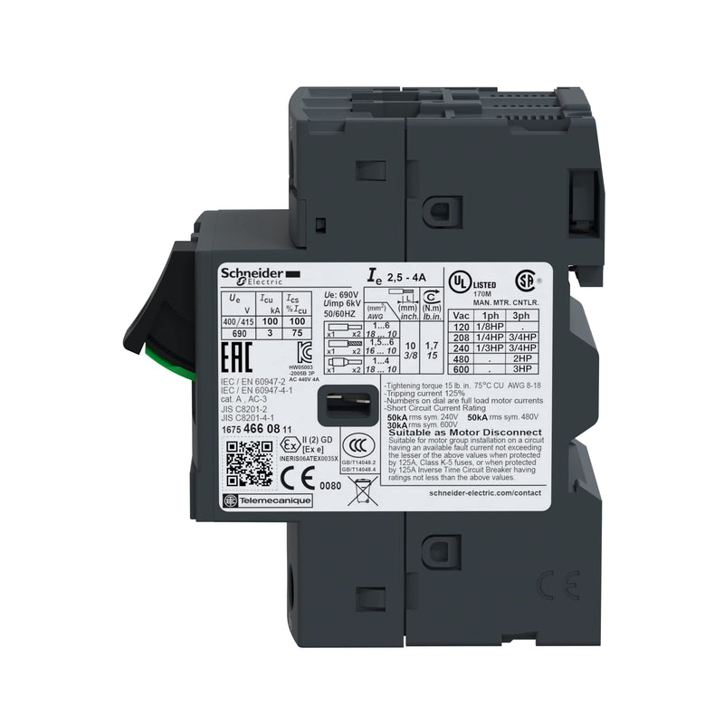 Schneider GV2ME08 Thermal-Magnetic Motor Circuit Breakers, White | 2.5-4A, button confirmation, screw connection