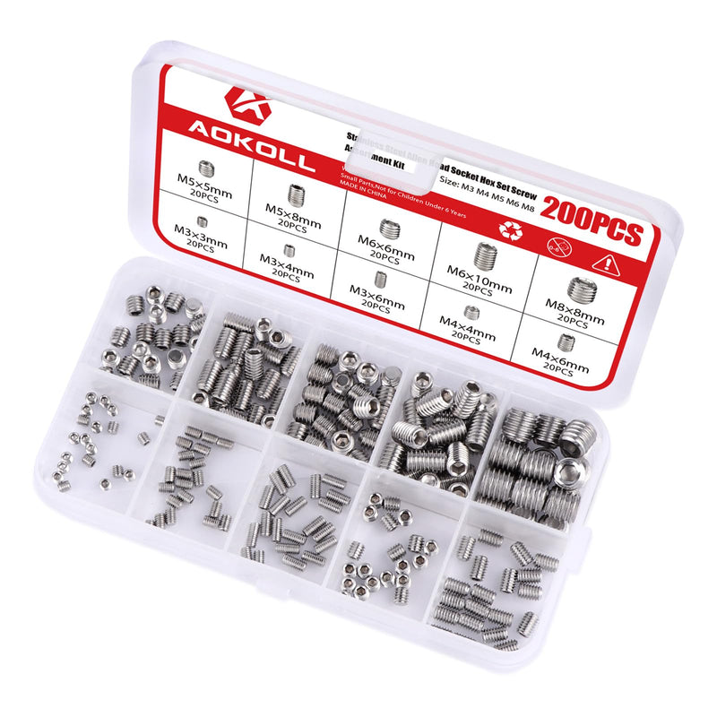 [Australia - AusPower] - 200pcs Stainless Steel Allen Head Grub Screws Socket Hex Set Screw Metric M3 M4 M5 M6 M8 Assortment Kit (Silver) Silver 