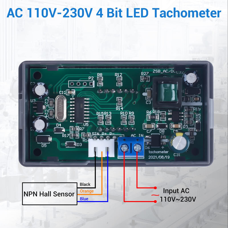 [Australia - AusPower] - Digital LED Tachometer, Icstation RPM Speed Meter AC 110V 220V Digital Motor Tachometer with Hall Proximity Switch Sensor NPN for Lathes, Conveyor Belts, Quality Inspection Machines 