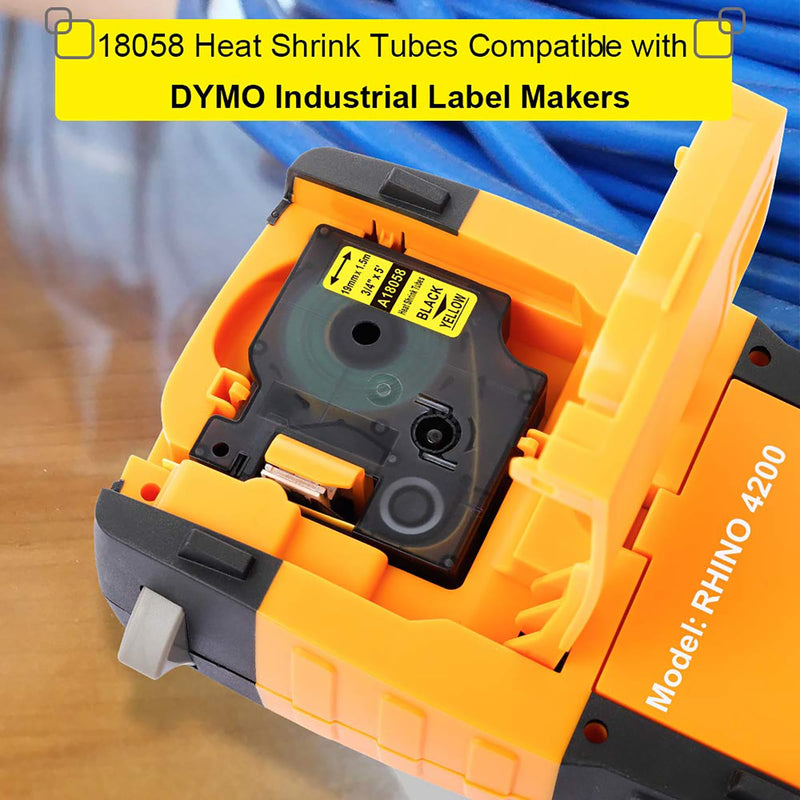 Compatible Industrial Label Tape Replace for DYMO Rhino 18058 Black on Yellow 19mm Heat Shrink Tube Label Tapes 3/4'' x 5' for DYMO Rhino 4200, 5000, 5200, 6000 Label Makers,4-Pack 3/4"