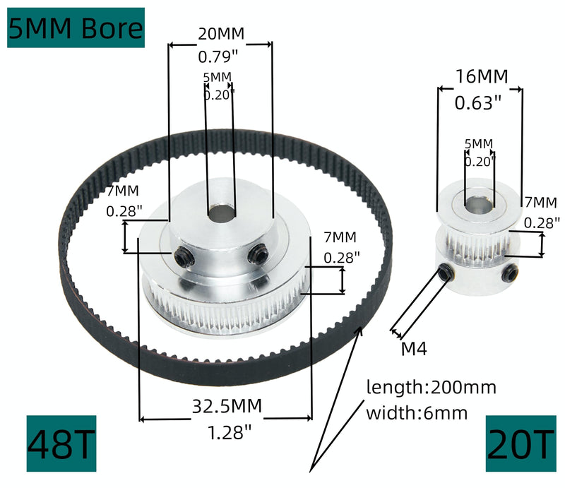 [Australia - AusPower] - 2PCS Set 2GT Aluminum Timing Pulley 20&48 Teeth 5mm Bore Synchronous Wheel with 2PCS Length 200mm Width 6mm Belt (20-48T-5B-6) 20-48T-5B-6MM 
