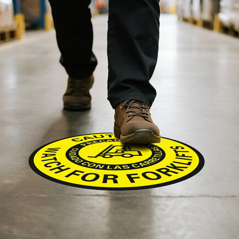 Caution Watch for Forklift Floor Sign – 5 Pack 16 Inch Round Vinyl Decals, Bilingual English/Spanish, Anti-Slip, Removable, Waterproof, UV Protected, High Visibility Safety Sticker for Warehouse, Work Site, Office, Factory