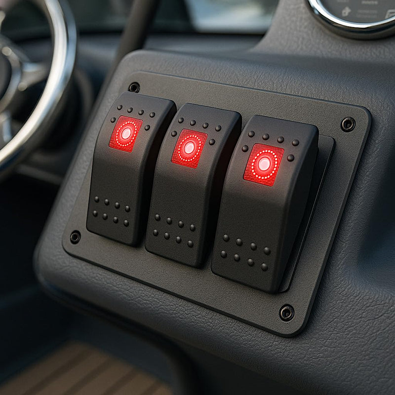 MGI SpeedWare 3-Pack Marine Rocker Switches with Illuminated LED, 20A 12vDC, SPST Latching ON/Off - Red