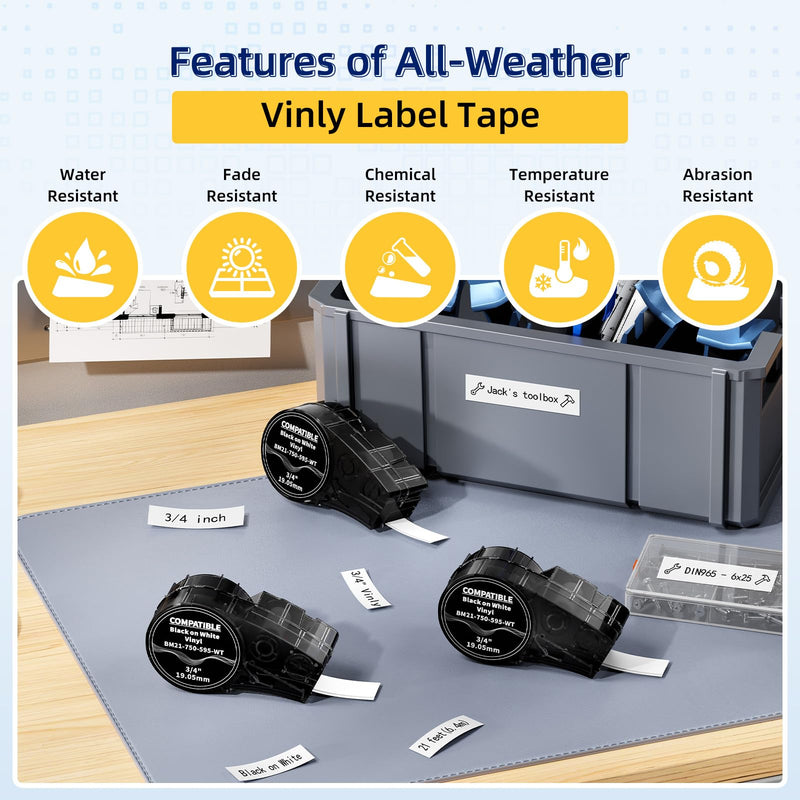 Compatible with M21-750-595-WT 3/4 inch Vinyl Industrial Labeling Tape Black on White High Adhesion, Work for M210, M211, BMP21-Plus, BMP21 LAB Printer, 0.75" W x 21' L, 2-Pack 3/4 inch (19.05 mm)