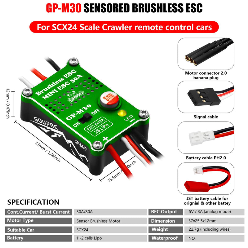 GOUPRC 30A Brushless ESC & 2204 2400KV Brushless Outrunner Motor with Mount Combo Kit for SCX24 Axial 1/24 Remote Control Crawler Truck Car Green With Motor Mount