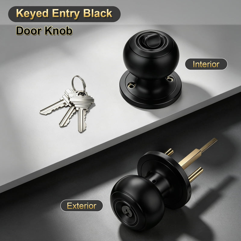 2 Pack Keyed Entry Door Knob, Entrance Door Lock, Keyed Different, Flat Ball, Matte Black Interior and Exterior Entry Door Knobs 2