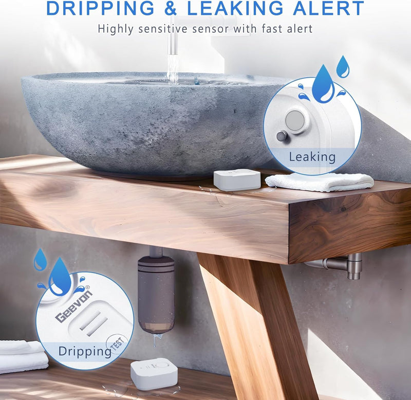 [Australia - AusPower] - Geevon 2 Pack Water Leak Detectors for Home, 100dB Water Sensor Alarm Flood Leakage Detection Devices for Bathroom, Basements, Laundry Rooms, Kitchen, IP56 Waterproof(Battery＆Screwdriver Included) Batteries＆Screwdriver Included 