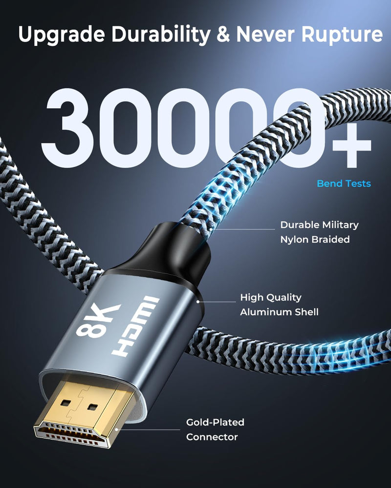 8K HDMI Cable 40 ft, 48Gbps High Speed HDMI 2.1 Cable, Braided HDMI Cable 2.1 8K 60Hz 4K 120Hz Support for HDR eARC HDCP 2.2/2.3, HDMI Cord Compatible with HDTV, Laptop, Monitor, PC 40FT 1