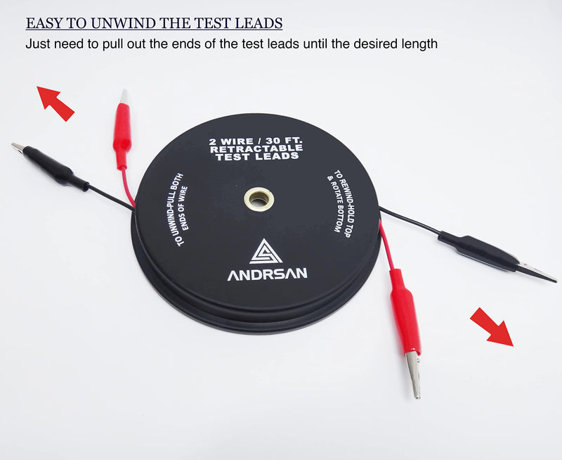 [Australia - AusPower] - 2 Wire 30’ Retractable Test Leads with 2” Alligator Clips, 18 Gauge Electrical Copper Wire, Impact-Resistant Reel, Black 
