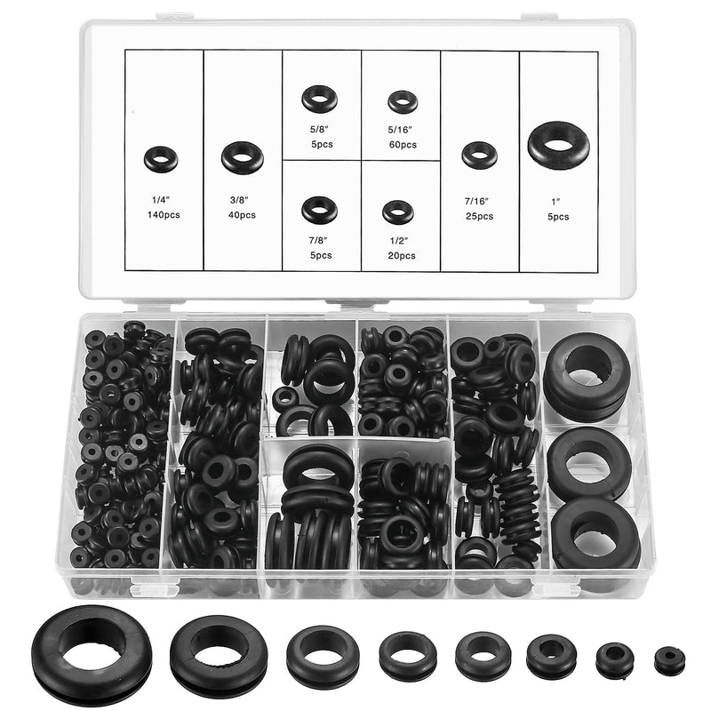 300 Pcs Rubber Grommets Kit, Rubber Wire Grommets, Rubber Hole Grommet Gaskets, Hollow Firewall Hole Plug Grommets for Wiring Plumbing Automotive - 8 Sizes, 1/4" 3/8" 5/8" 7/8" 5/16" 1/2" 7/16" 1"