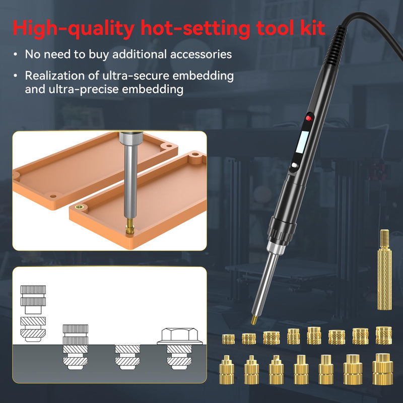 [Australia - AusPower] - Heat Set Insert Tools kit 80W Digital Soldering Iron with Iron Tips and Heat Set Insert Tips, 220Pcs Threaded Inserts Brass Nuts for Plastic 3D Printer Parts Gold 