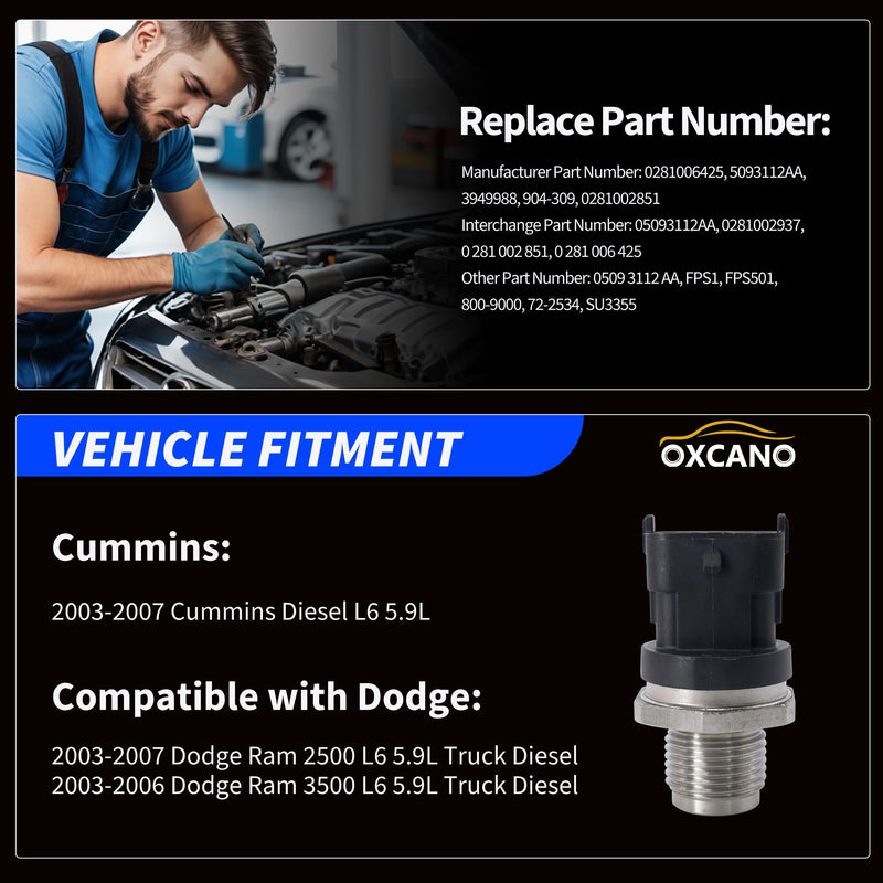 [Australia - AusPower] - Fuel Rail Pressure Sensor Compatible with Dodge Ram 2500 3500 2003 2004 2005 2006 2007 Truck Cummins Diesel L6 5.9L 2003-2006# 0281006425 0281002851 5093112AA 05093112AA 904-309 3949988 SU3355 