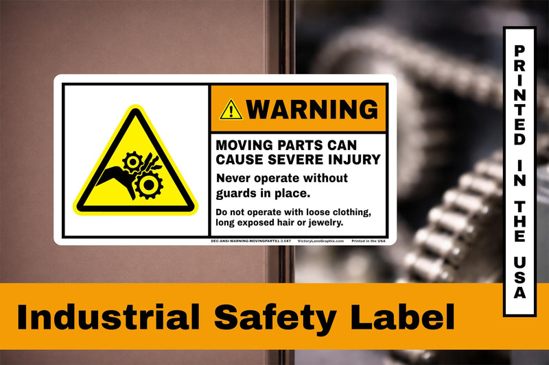 ANSI Z535 WARNING Moving Parts Labels – 3.5” x 7” Industrial Safety Decals (Pack of 10) | Entanglement & Pinch Point Hazard | Heavy-Duty Adhesive | Premium All-Weather Design