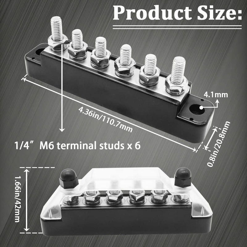 [Australia - AusPower] - (Red+Black) Power Distribution Terminal Block with Cover with 6 x 1/4” (M6) Post,Battery 12V Bus Bar with Ring Terminals for Car Boat Marine O-078-mini 150A 6 x 1/4" (M6)-mini 