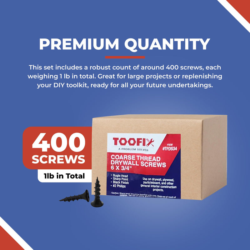 [Australia - AusPower] - 3/4 Inch N.6 Coarse Thread Drywall Screw, Sharp Point, Black, 2 Bugle Head Phillips Drive, 1 Lb. Ideal Screw for Drywall Sheetrock, Wood, and More, 400 Screws 