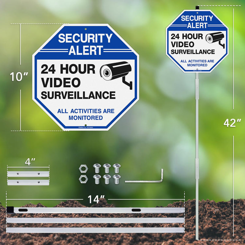 Faittoo Security Sign Video Surveillance Sign with 42" Stake, 2-Pack 10"x10" Rust Free Heavy Aluminum, Reflective, Fade Resistant, 2 Pe-drilled Holes, Includes Matching Screws & Wrench Blue with 42" Stake- 2 Pack
