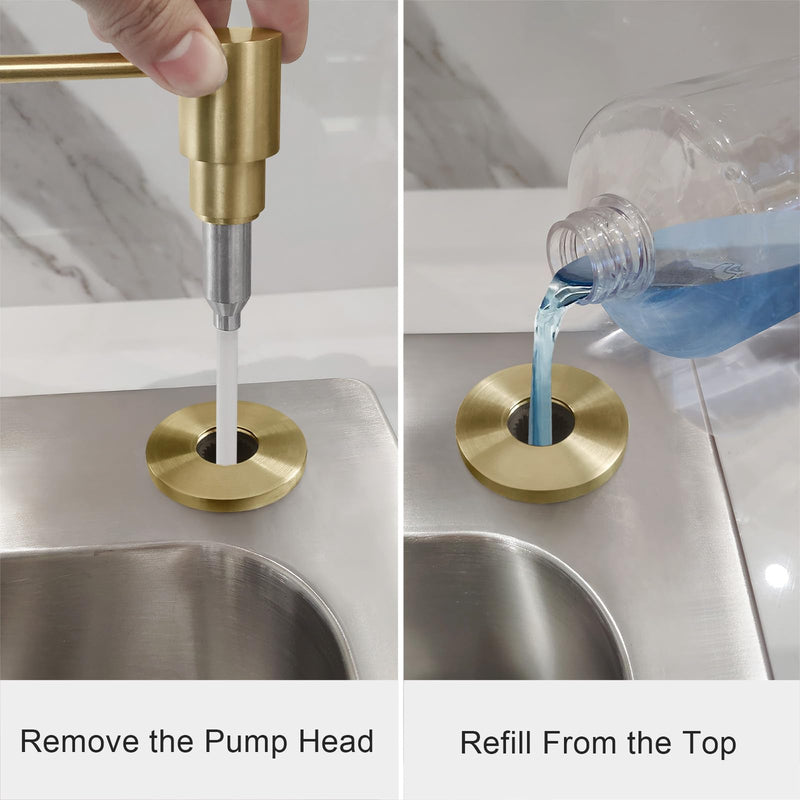 EADOT Brushed Gold All Brass Sink Soap Dispenser for Kitchen Sink Deck Mounted with 17 OZ Above The Sink Refillable PET Bottle Brass Pump Head in Counter Dish Soap Dispenser