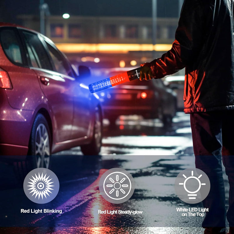 [Australia - AusPower] - Rechargeable Traffic Wand, 10 Inch Traffic Control Baton with Magnet, Safety Light Wand with White LED on Top, Air Marshaling Wand with 4 Flashing Modes Red+Blue 1 PACK 