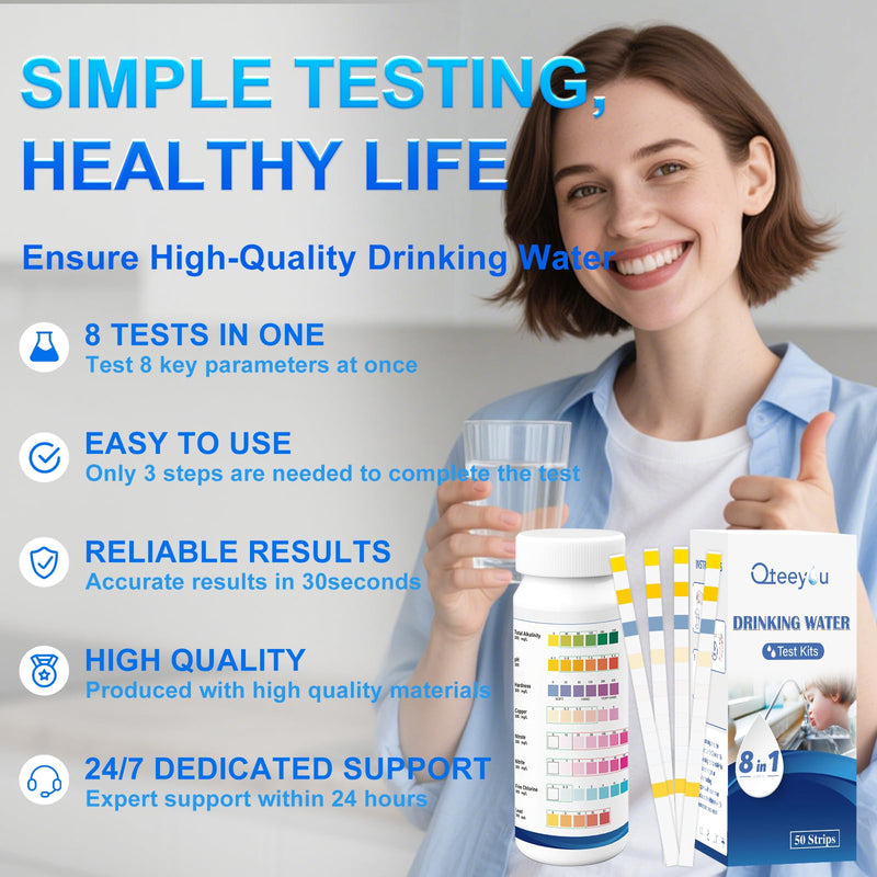 Lead Water Test Kit 2026 Upgraded 8 in 1 Home Drinking Water Testing Kits 50pcs, House Tap and Well Water Hardness Tester, Lead Test Strips for Alkalinity, pH, Copper, Nitrite&Chlorine 50pcs Box