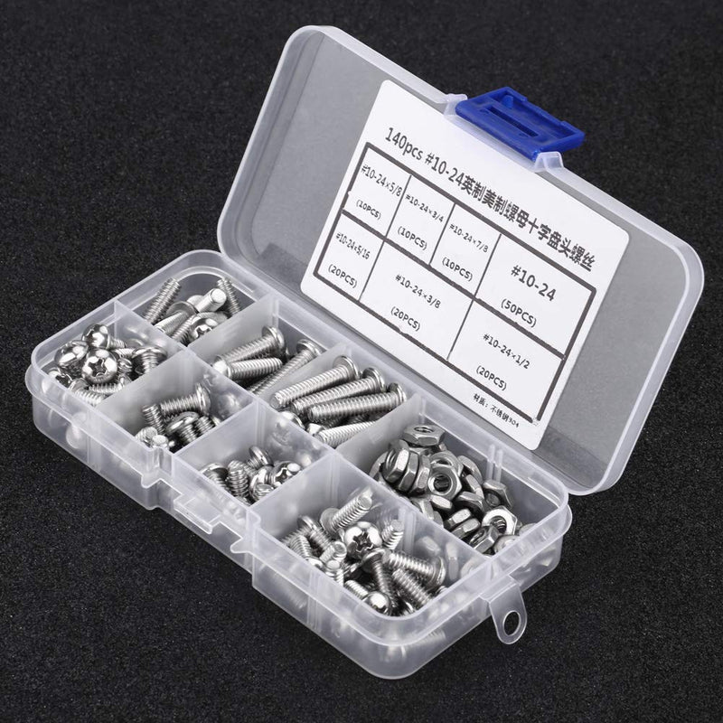 [Australia - AusPower] - 140pcs Set #10-24 Cross Pan Head Screws Stainless Steel Machine Bolts Nuts Pan Head Machine Screws Screws Assortment Set with Plastic Storage Box Assortment kit 