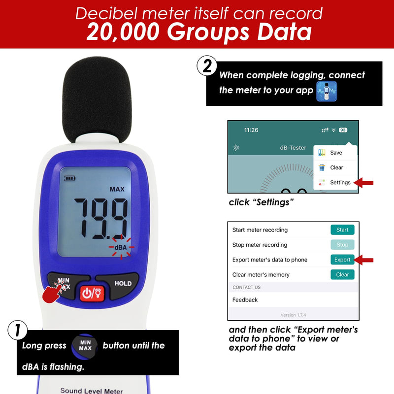 [Australia - AusPower] - Decibel Meter Wireless Sound Decibel Meter with App Data Logging Bluetooth Portable Sound Level Meter 0~130dB High Accuracy SPL Meter for Classroom, Office, Home and etc. Bluetooth Sound Level Meter 