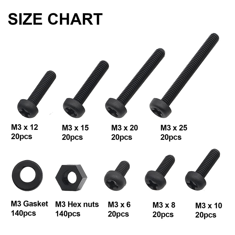 [Australia - AusPower] - QTEATAK M3 Black Nylon Plastic Pan Round Head Screws, Nut Bolts, Gasket Assortment Kit(Metric M3: 6mm 8mm 10mm 12mm 15mm 20mm 25mm) 