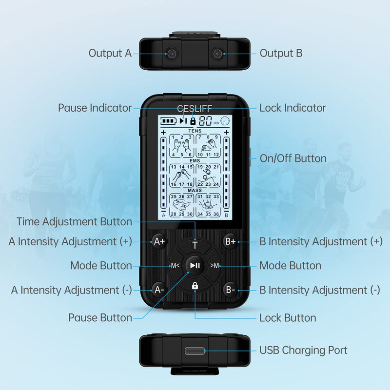 [Australia - AusPower] - CESLIFF Dual Channel TENS EMS Unit 36 Modes Muscle Stimulator, Rechargeable Electric Pulse Massager TENS Machine Function for Lower Back Neck Shoulder Pain Relief with 10 Pads 