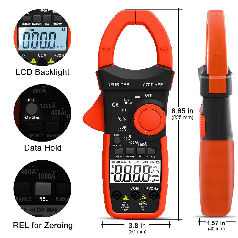 [Australia - AusPower] - Wireless Clamp Meter, 1000A AC/DC Current Amp Clamp, TRMS 4000 Counts Auto Range Clamp on Ammeter, Bluetooth Clamp Multimeter Measures Voltage, Capacitance, Ohm, Hz and Temperature 