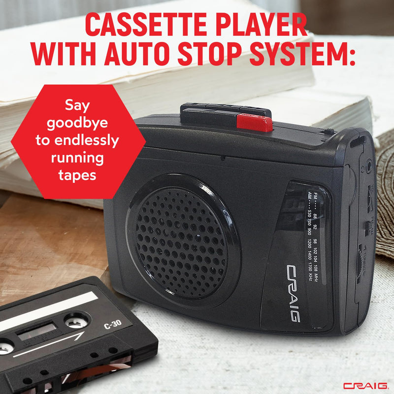 [Australia - AusPower] - Craig Stereo Cassette Player/Recorder with Earphones: Portable AM/FM Radio & One-Touch Recording System 