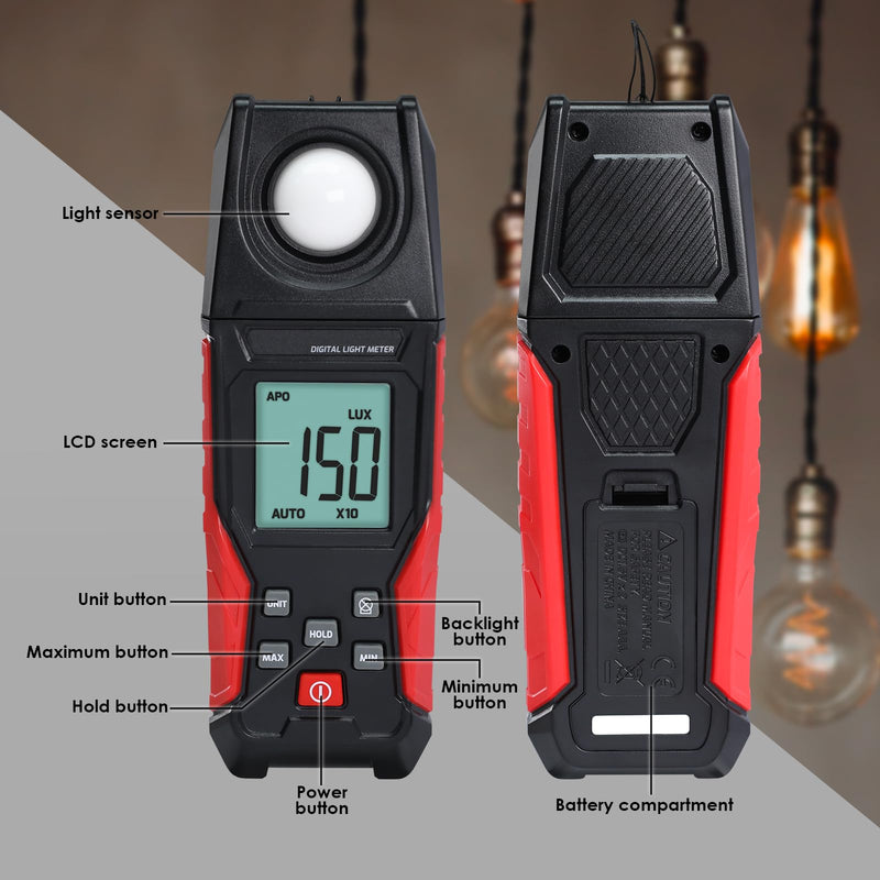 [Australia - AusPower] - Light Meter Digital Illuminance Lux Meter 0.1~200,000 LUX (0.01~20000FC) with Backlight Luxmeter, Lighting Intensity Brightness Measurement for Indoor Outdoor Plants Film Photography Lumen Meter 
