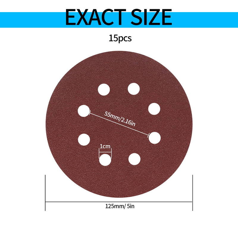 [Australia - AusPower] - Pack of 15 Sandpaper 125 mm Velcro, 40 Grit Sanding Discs, 8 Holes Round Velcro Sandpaper for Random Orbital Sanders Wood, Metal, Colour 40 grit - 15pcs 