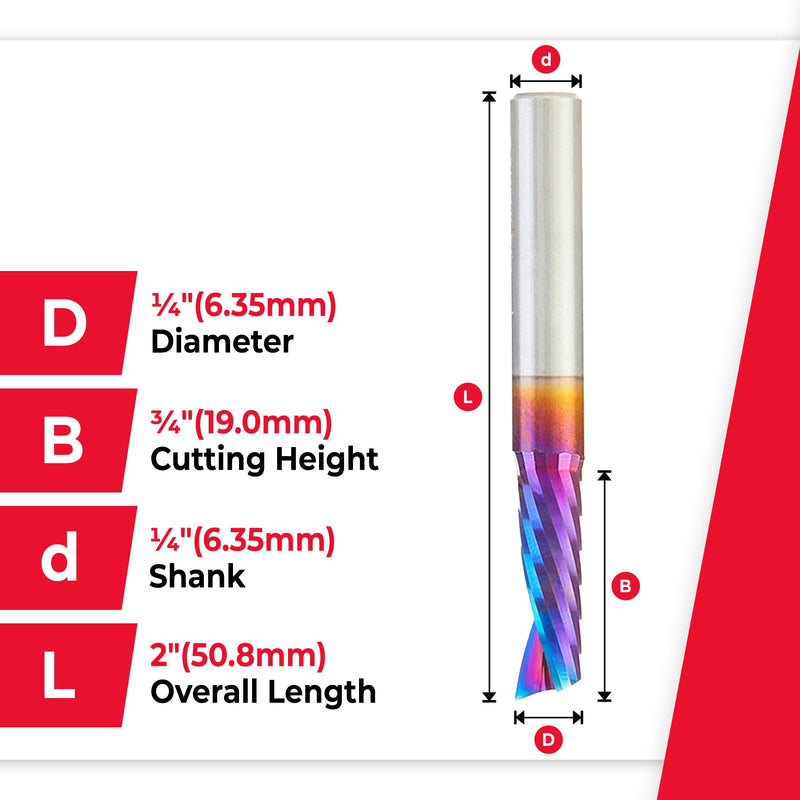 Amana Tool Spektra Coated Solid Carbide CNC Spiral Single O-Flute Router Bit for Plastic Cutting, 51404-K, 1/4 D x 3/4 CH x 1/4 SHK x 2 Inch Long Up-Cut with Mirror Finish 1-4 D x 3-4 CH x 1-4 SHK