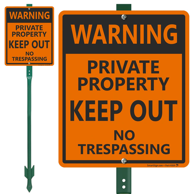 SmartSign 12 x 10 inch “Warning - Private Property, Keep Out, No Trespassing” LawnBoss Yard Sign with 3 foot Stake, 40 mil Laminated Rustproof Aluminum, Black and Orange, Set of 1