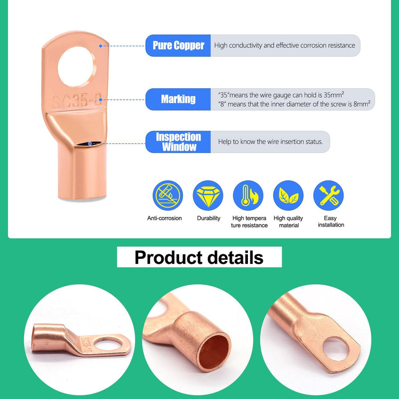 mxuteuk 130pcs Battery Cable End AWG 2 4 6 8 10 12 14 16 Specifications Copper Cable Connector, Ring Terminal Connector, Copper Ring Terminals with Heat Shrinkage 130PCS 10Size