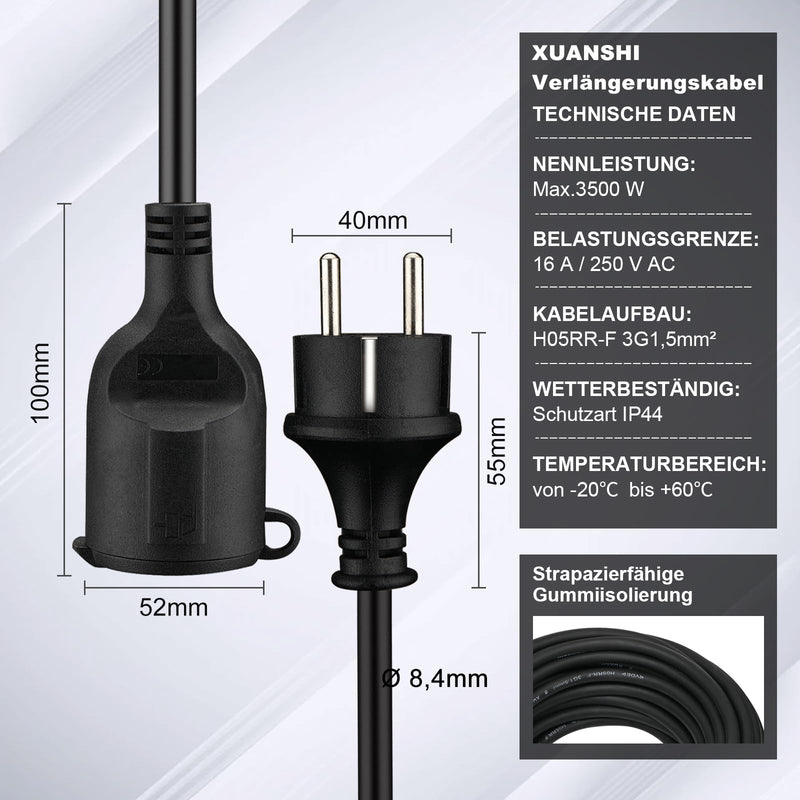 Outdoor Extension Cable 2 m for Outdoor Use, Rubber Extension Power Cable with Schuko Plug, IP44 Extension Cable, 3G 1.5 mm² Cable, Outdoor Electric Cable, with Protective Cap, 3500 W, Black
