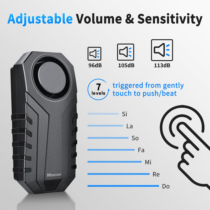 WSDCAM 113dB Loud Anti Theft Vibration Sensor Alarm Systems for Electric Bike Motorcycle Golf Car Trailer Mailbox Garage Door Waterproof Home Security Bike Accessories Bike Alarm with Remote (2pack) 22R-01C Black