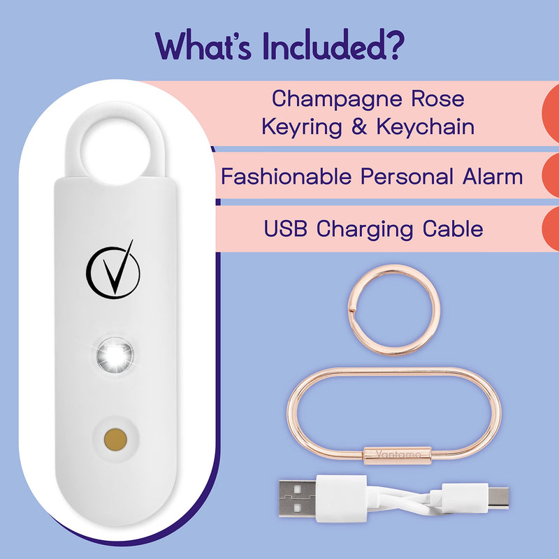 [Australia - AusPower] - Vantamo Personal Alarm for Women - Extra Loud Double Speakers, First with Low Battery Notice with Strobe Light, Rechargeable - Safety Alarm Keychain Pearly White. 