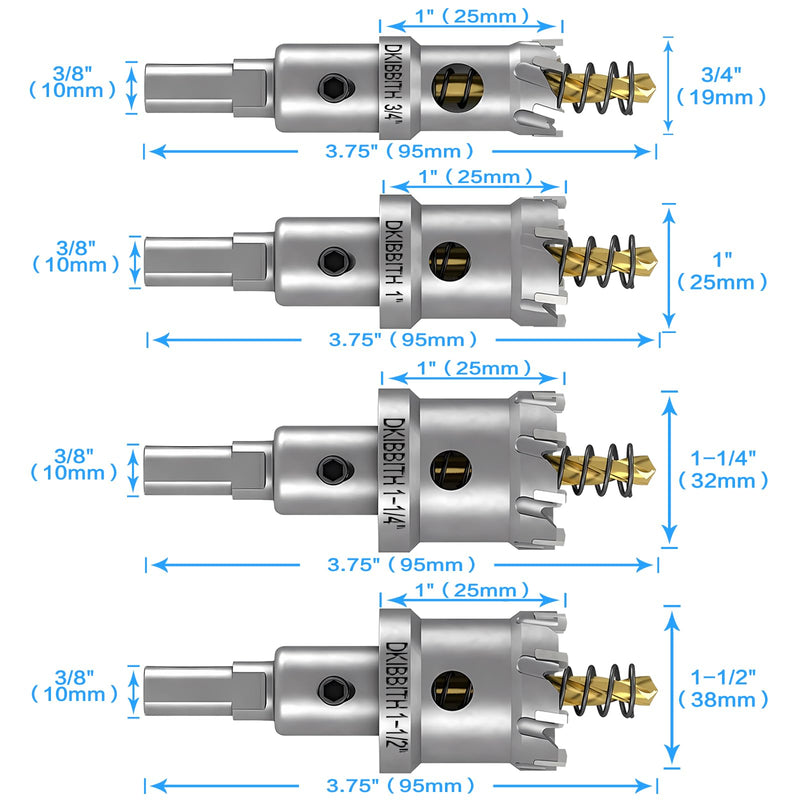 4 Pcs TCT Hole Saw Drill Bit Set,3/4” to 1-1/2” Tungsten Carbide Hole Saws Kit for Stainless Steel Hard Metal Plastic Wood, 1” Cut Depth, with Detachable Pilot Drill Bits, Allen Wrench 4-Piece Hole Saw Kit Compact