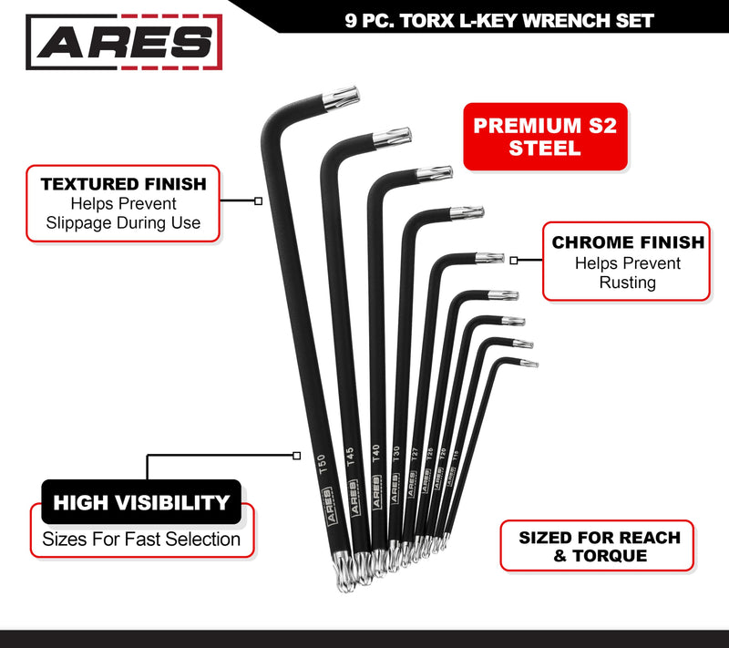 ARES 70257 - Extra Long Ball End Torx L-Key Set - 9-Piece Set Includes Sizes T10-T50 - Anti-Slip Textured Black Coating & Premium S2 Steel Construction - Storage Case Included 9pc Extra Long Ball End Torx L-Key